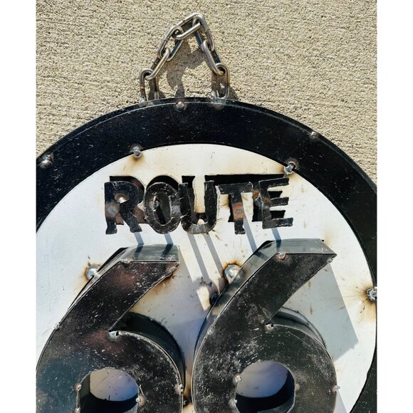 Route 66 Distressed Metal Wall Art Sign Chain Hanging  Vintage-Inspired Black & - Picture 7 of 9